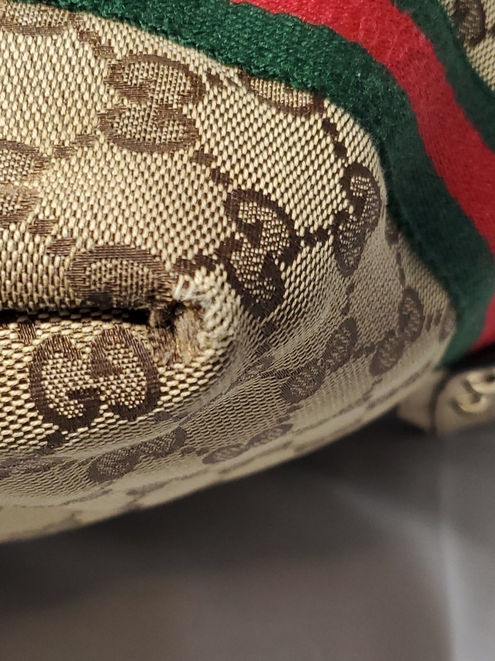 Gucci Beige GG Canvas Tote with Green and Red Web Stripe and Cream Trim - Picture 11 of 16